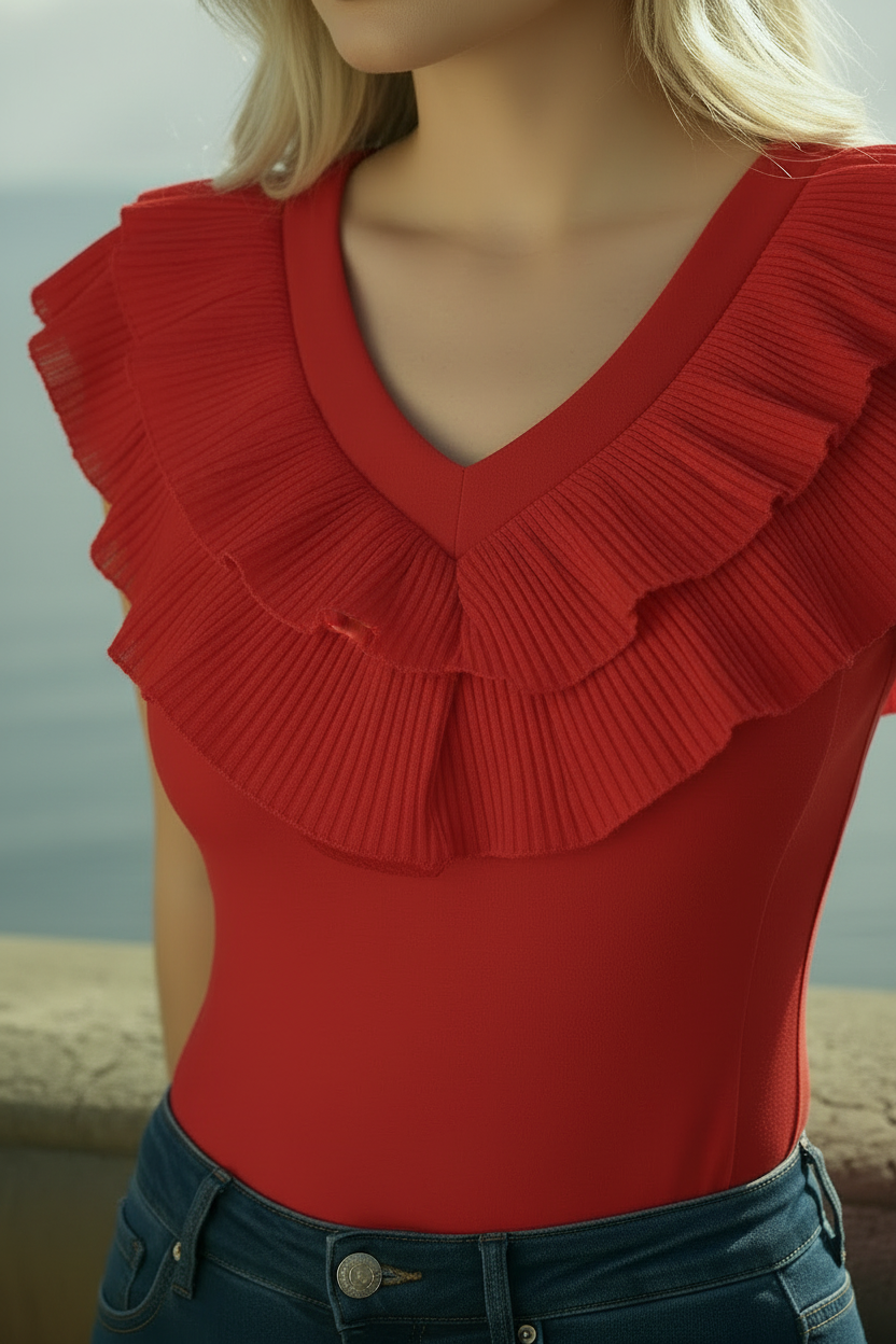 Red Cora blouse detail showcasing chiffon texture and cap sleeve design