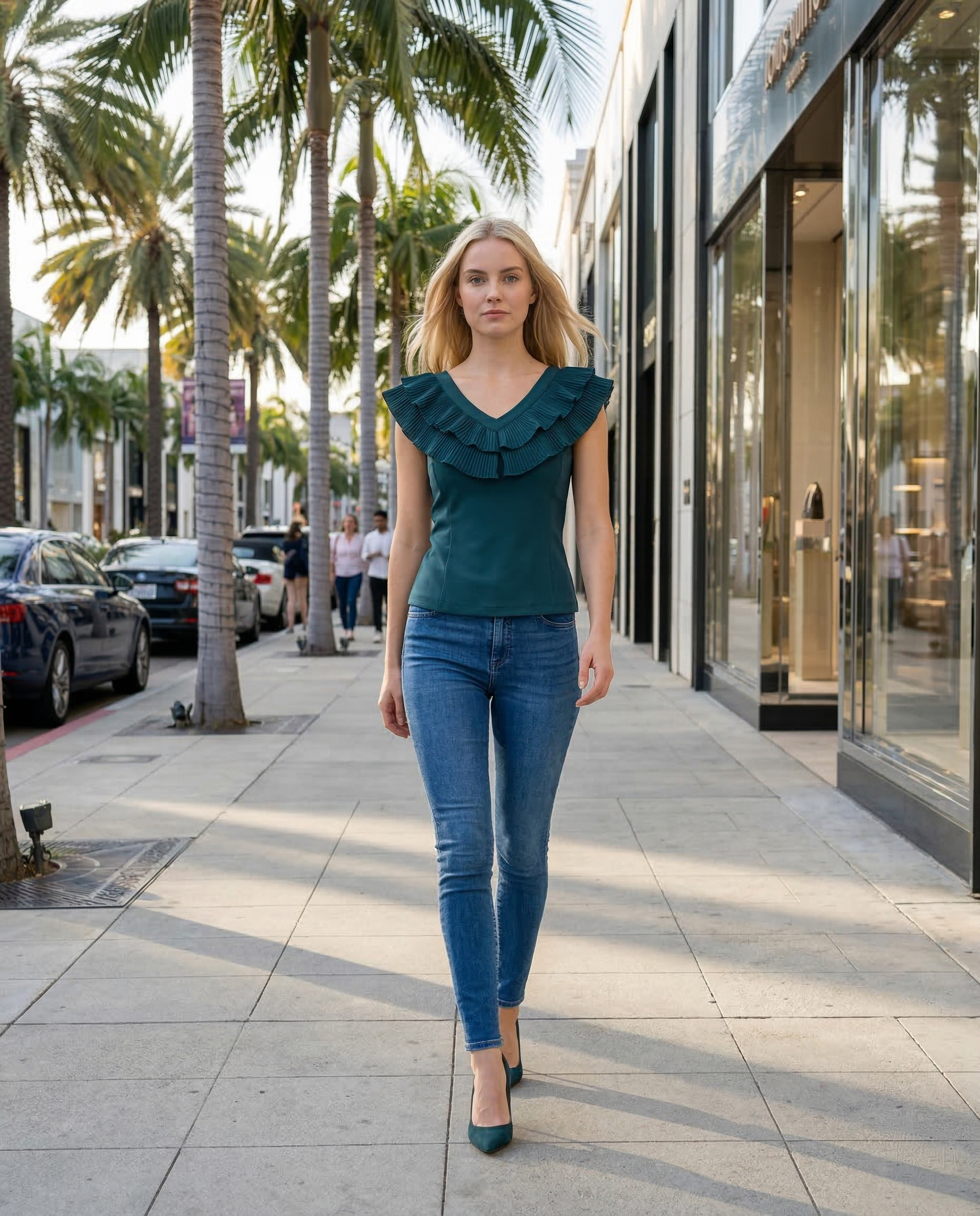Limsa Club Cora Chiffon V-Neck Blouse in Green — detail view