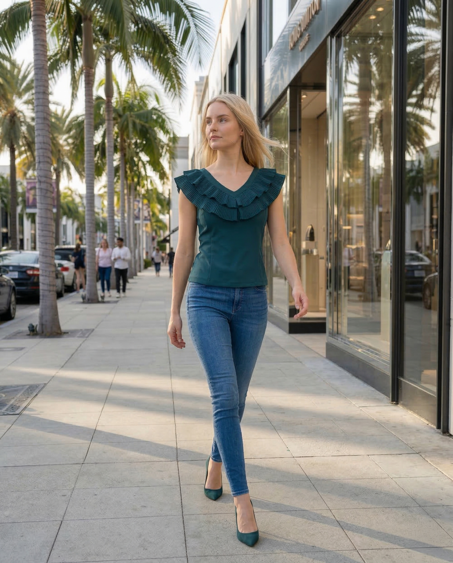Limsa Club Cora Chiffon V-Neck Blouse in Green — back view