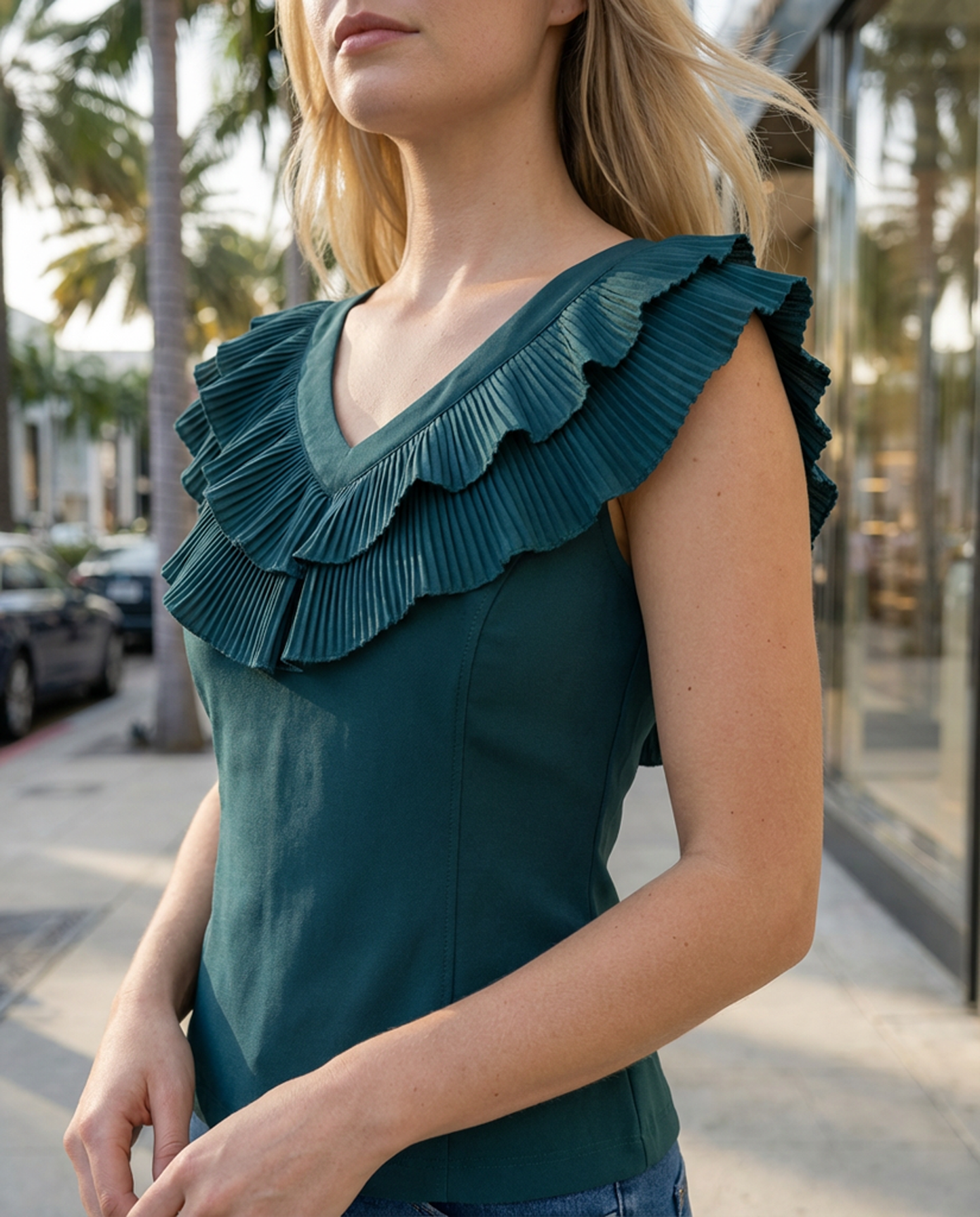 Limsa Club Cora Chiffon V-Neck Blouse in Green — full-length view