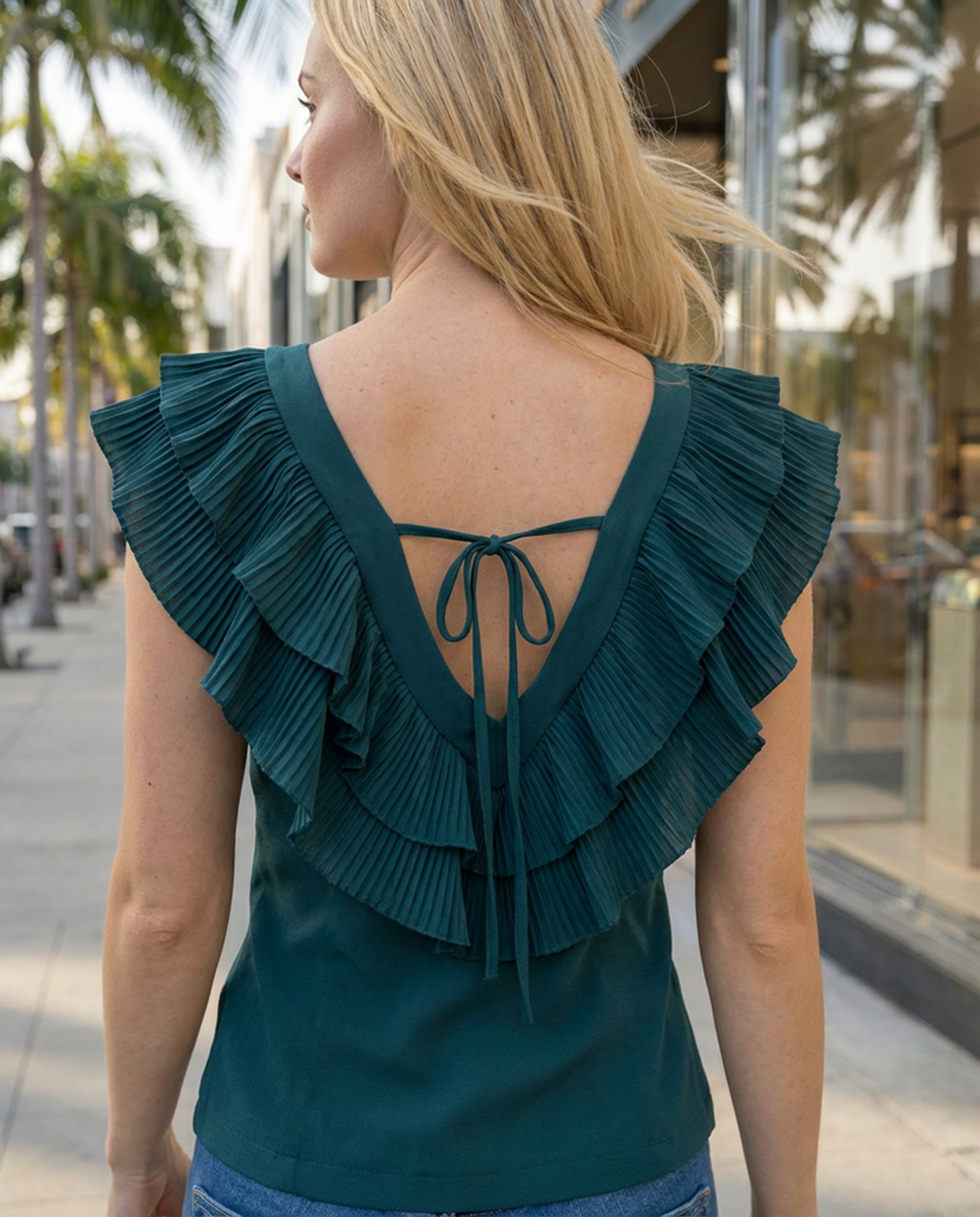 Limsa Club Cora Chiffon V-Neck Blouse in Green — close-up detail