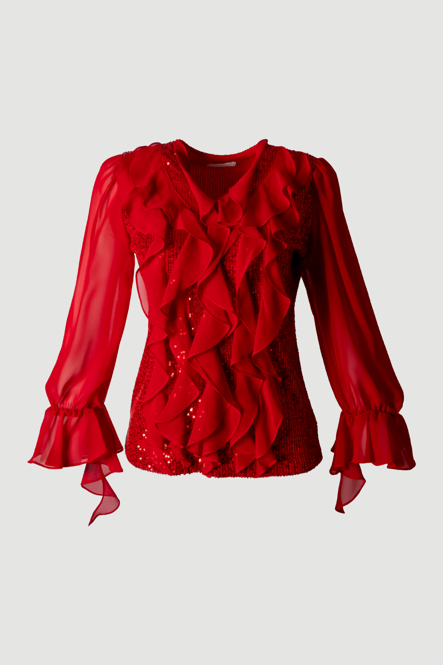 Limsa Club Azura Sequin Ruffle Blouse in Red — editorial view