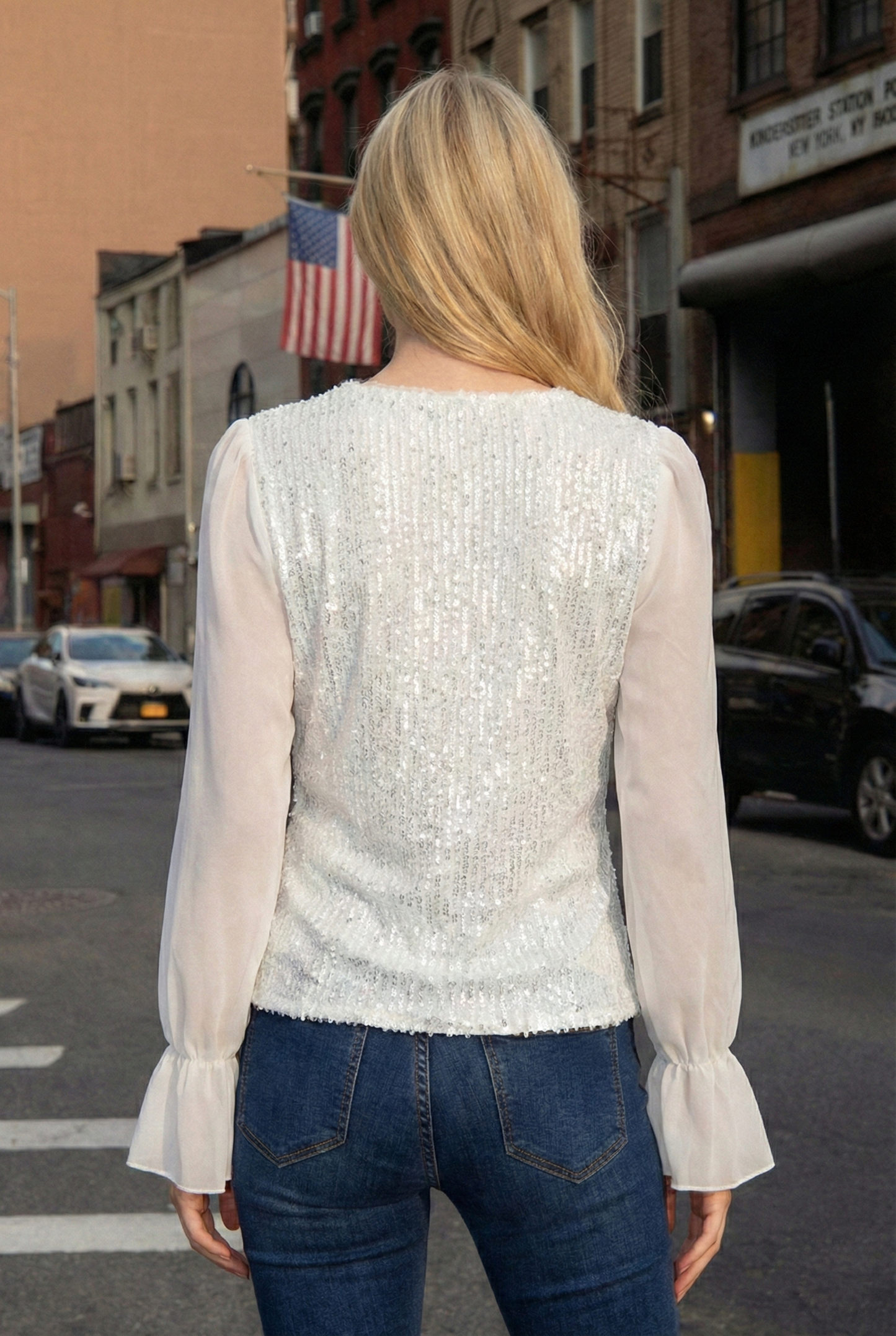 Limsa Club Azura Sequin Ruffle Blouse in Bone — close-up detail