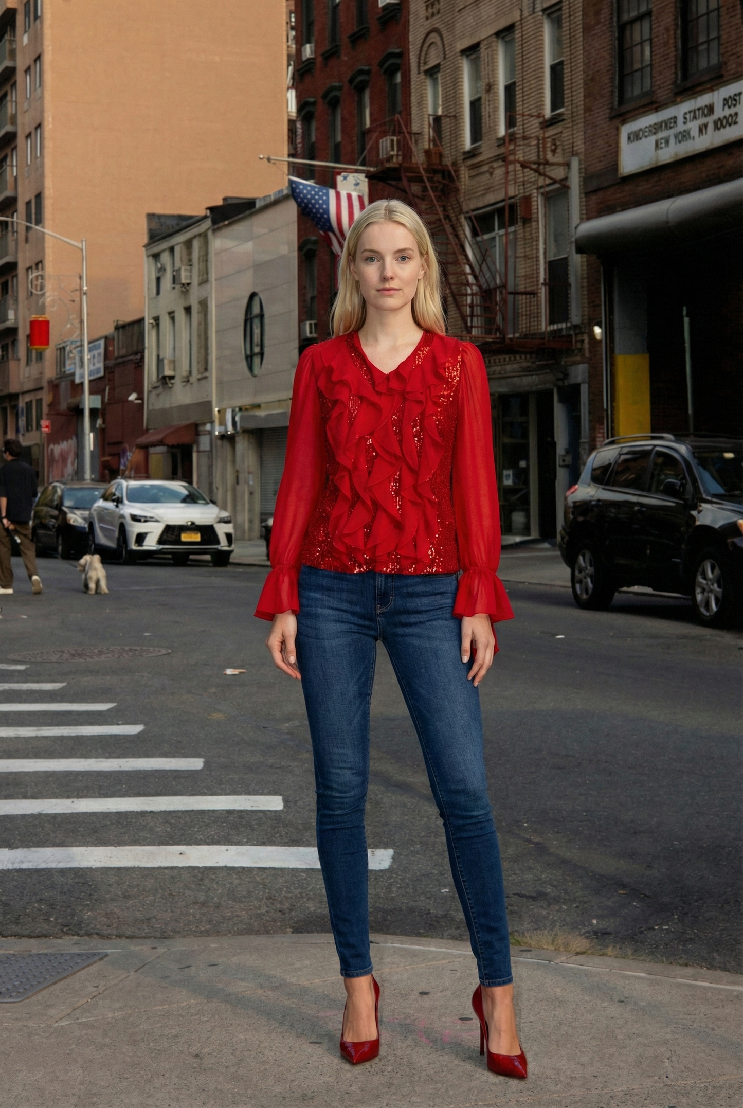Limsa Club Azura Sequin Ruffle Blouse in Red — editorial view