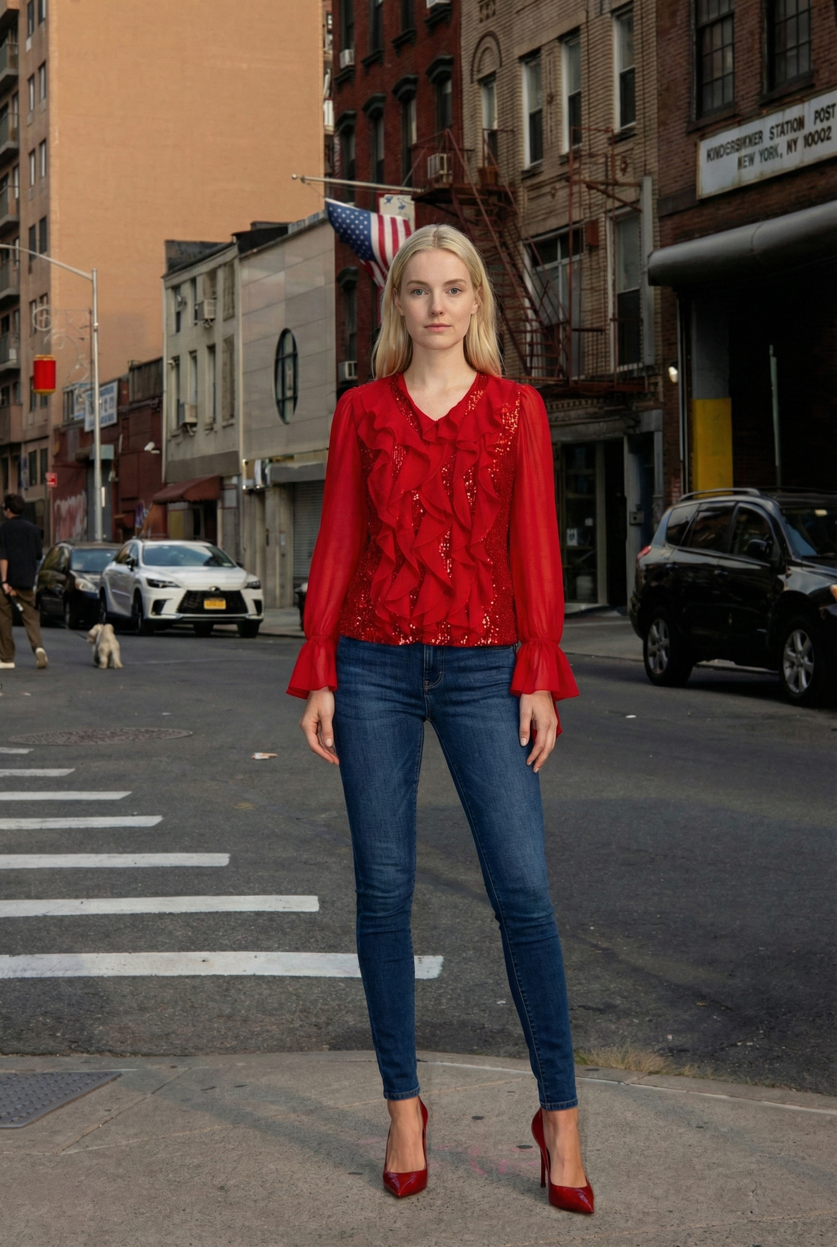 Limsa Club Azura Sequin Ruffle Blouse in Red — editorial view