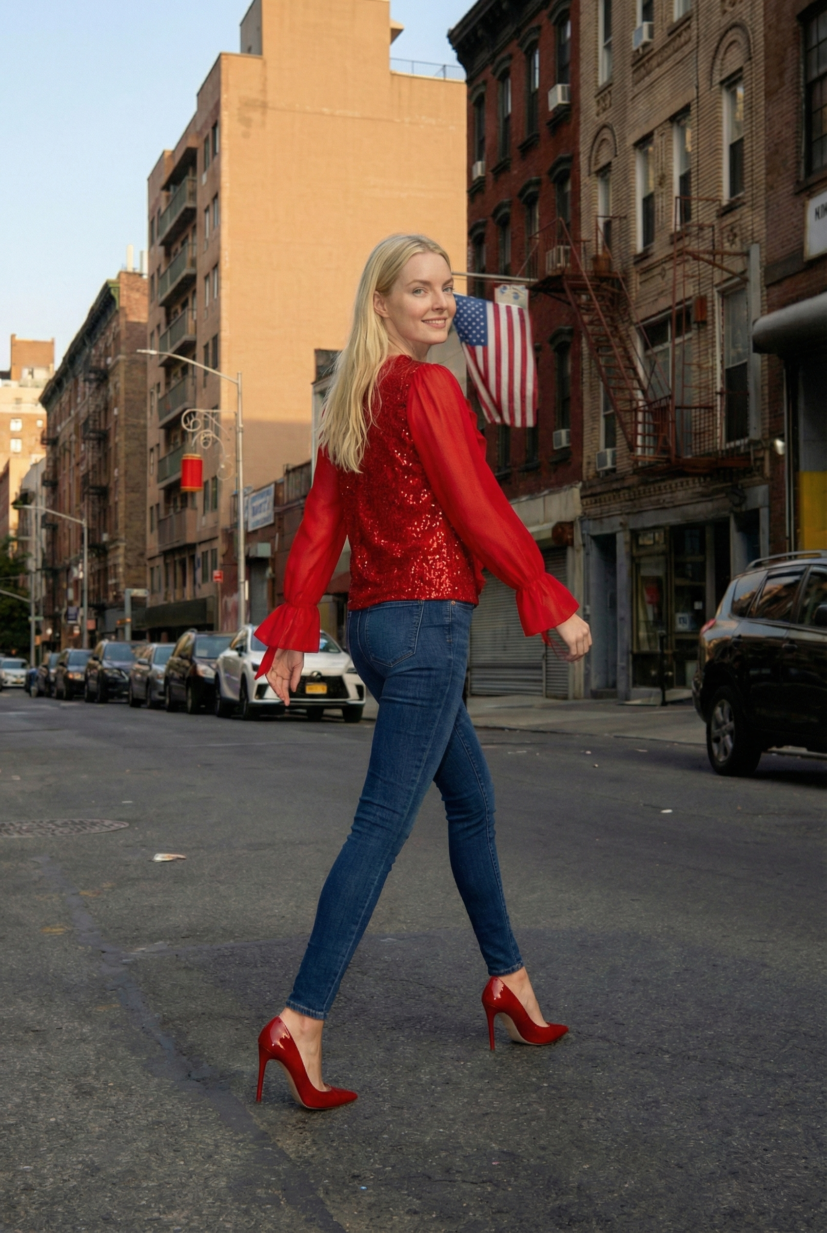 Limsa Club Azura Sequin Ruffle Blouse in Red — editorial view