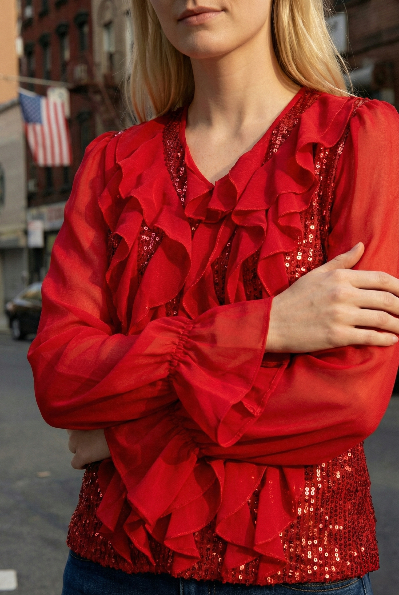 Limsa Club Azura Sequin Ruffle Blouse in Red — editorial view