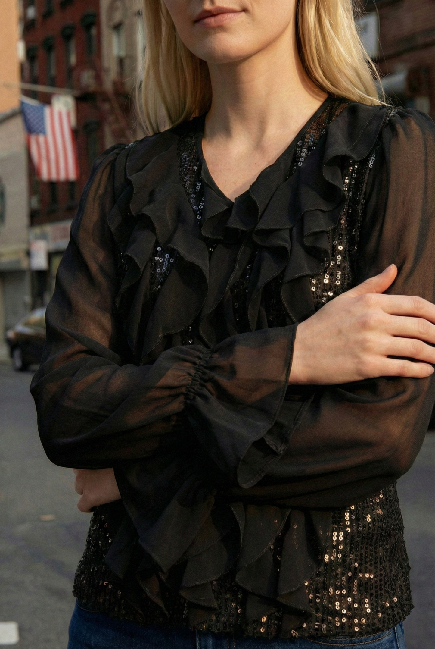 Limsa Club Azura Sequin Ruffle Blouse in Black — close-up detail
