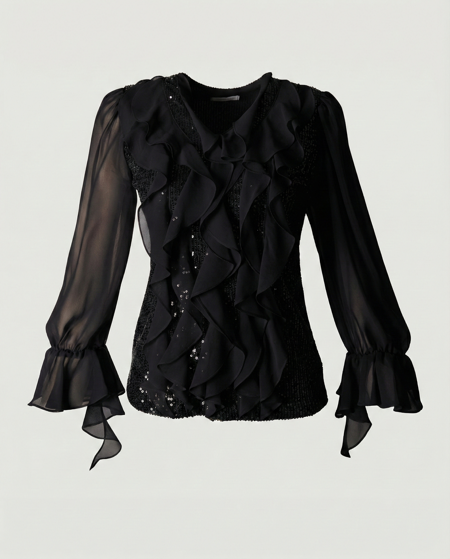Limsa Club Azura Sequin Ruffle Blouse in Black — product still life