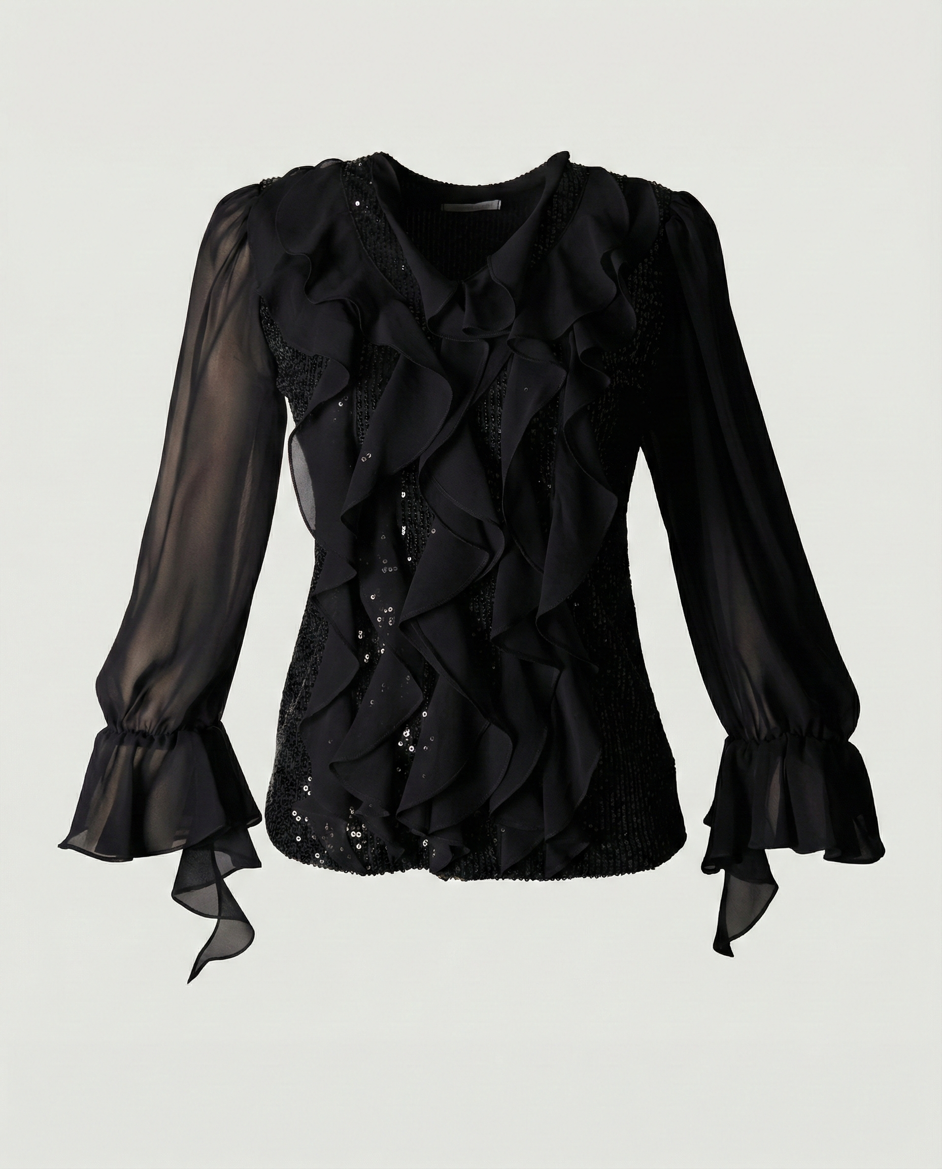 Limsa Club Azura Sequin Ruffle Blouse in Black — product still life