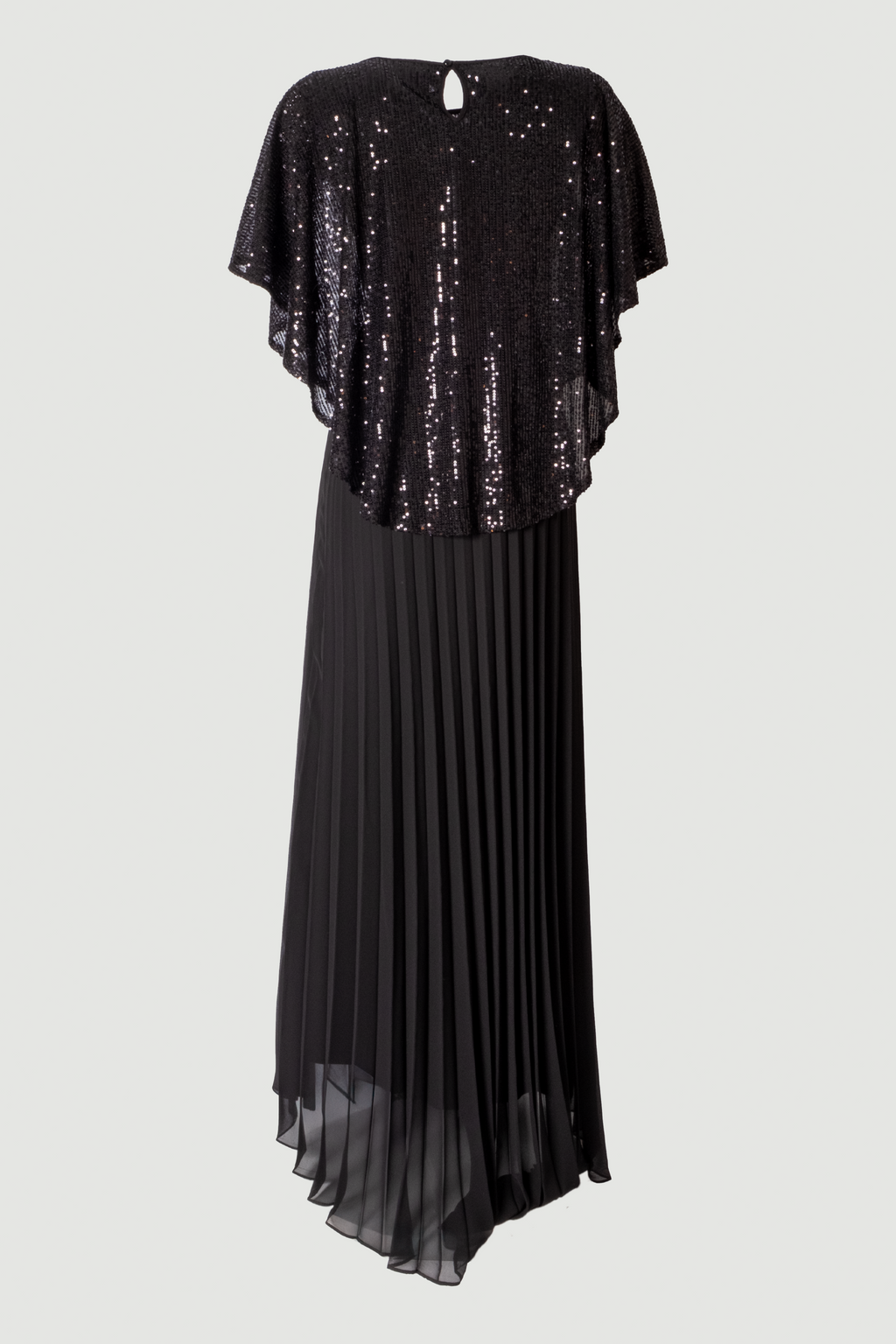 Back view of Viva black sequin pleated maxi evening dress with cape overlay, sleeveless formal gown, Limsa Club