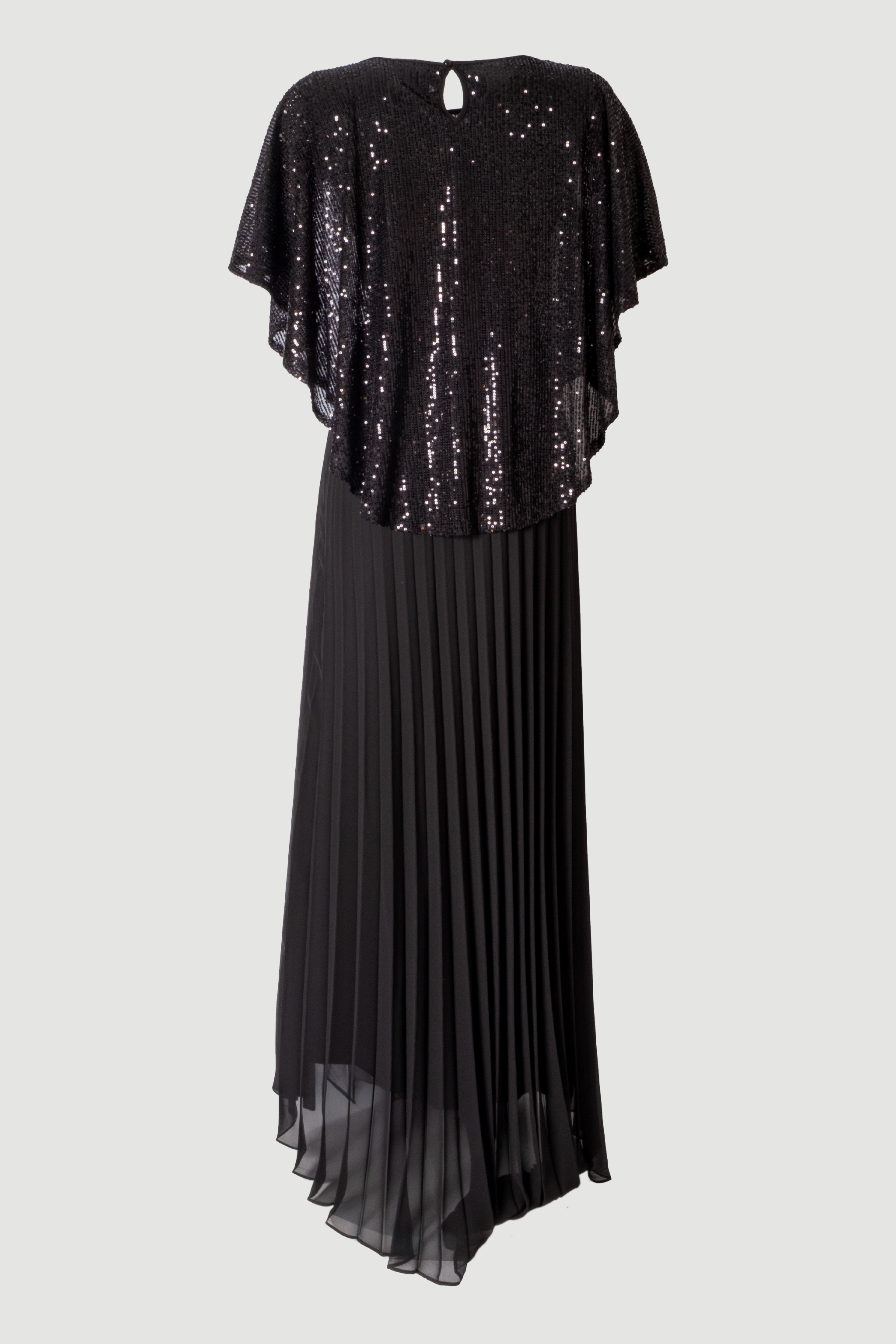 Back view of Viva black sequin pleated maxi evening dress with cape overlay, sleeveless formal gown, Limsa Club