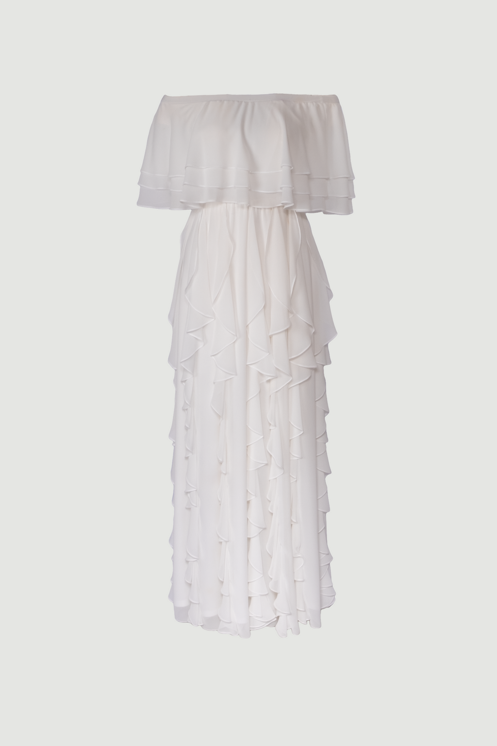Front view of bone white Seraphine off-shoulder layered ruffled chiffon maxi dress on ghost mannequin, Limsa Club