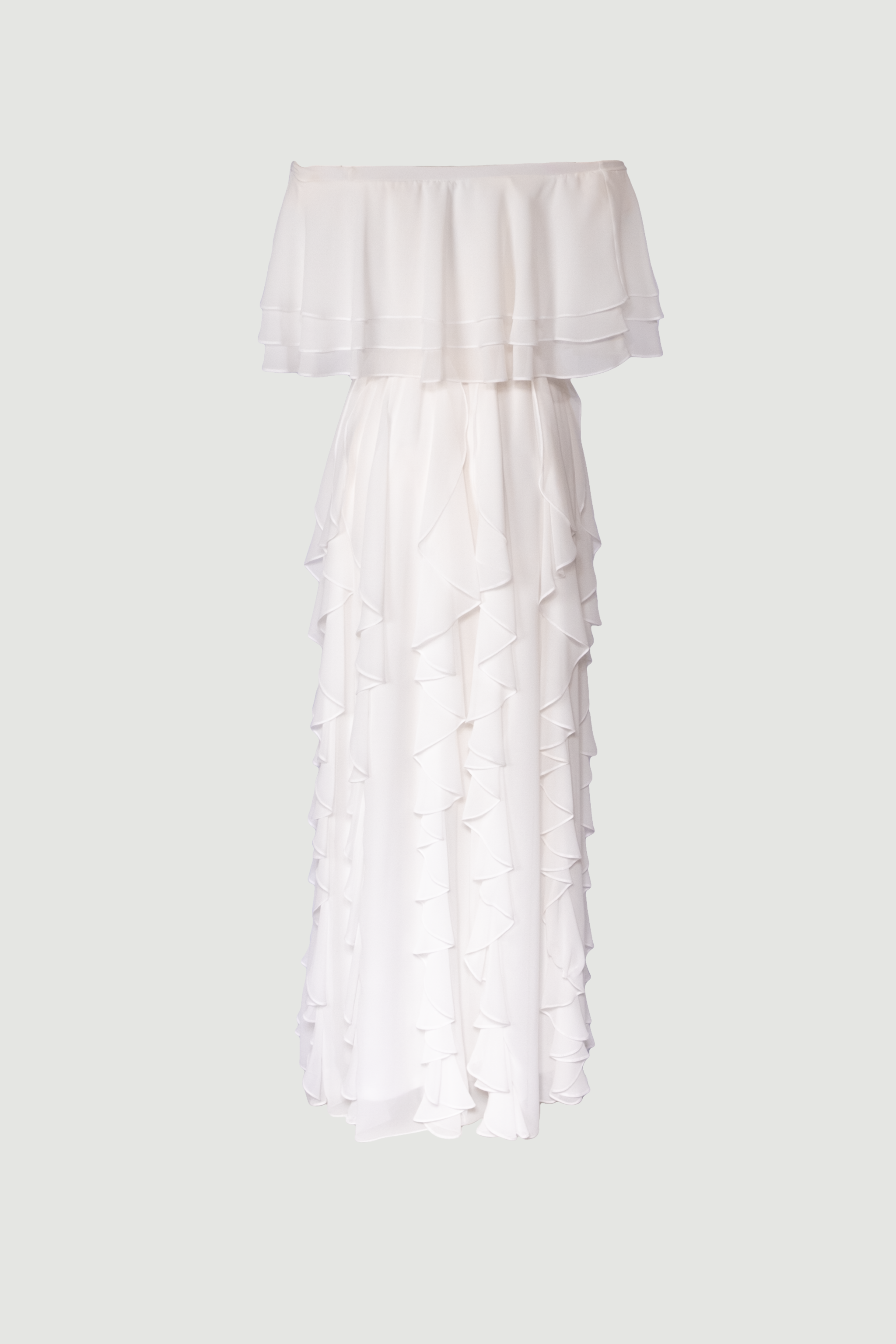 Back view of bone white Seraphine off-shoulder layered ruffled chiffon maxi dress on ghost mannequin, Limsa Club