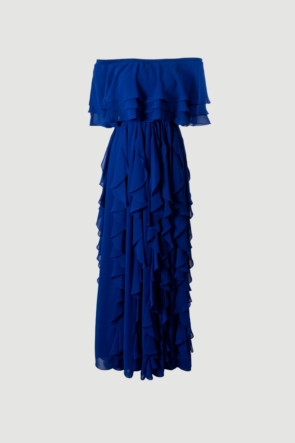 Front view of sax blue Seraphine off-shoulder layered ruffled chiffon maxi evening dress, Limsa Club