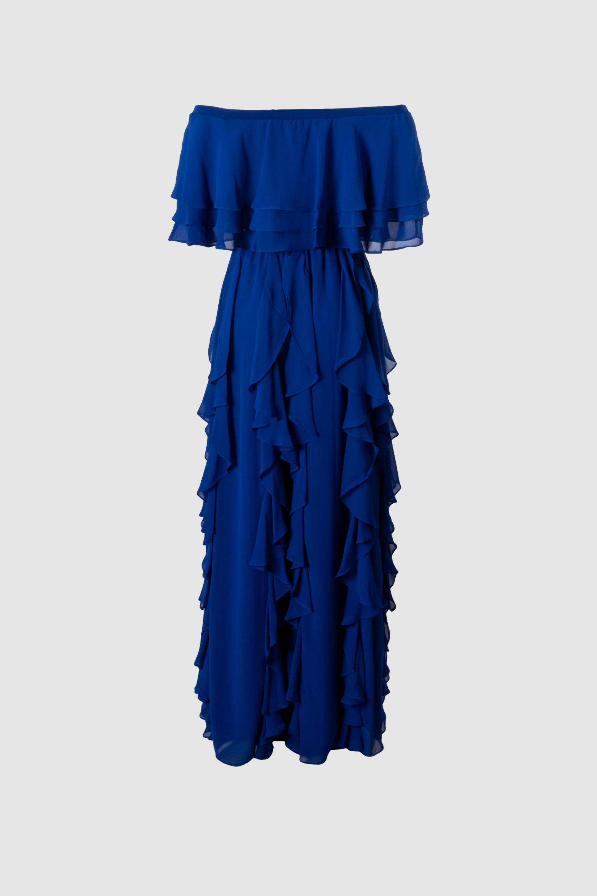 Front view of sax blue Seraphine off-shoulder layered ruffled chiffon maxi evening dress, Limsa Club