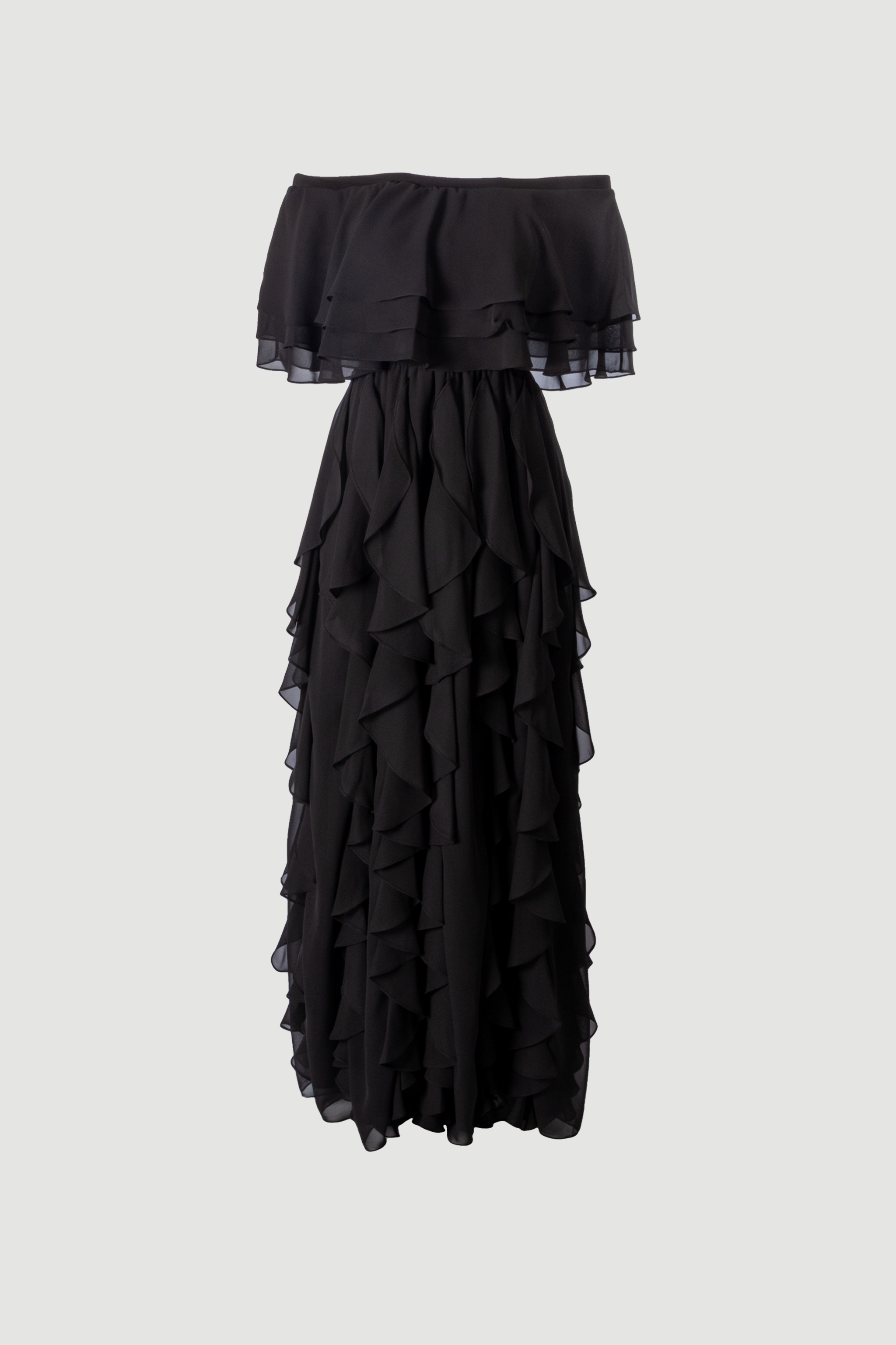 Front view of black Seraphine off-shoulder layered ruffled chiffon maxi evening dress, Limsa Club