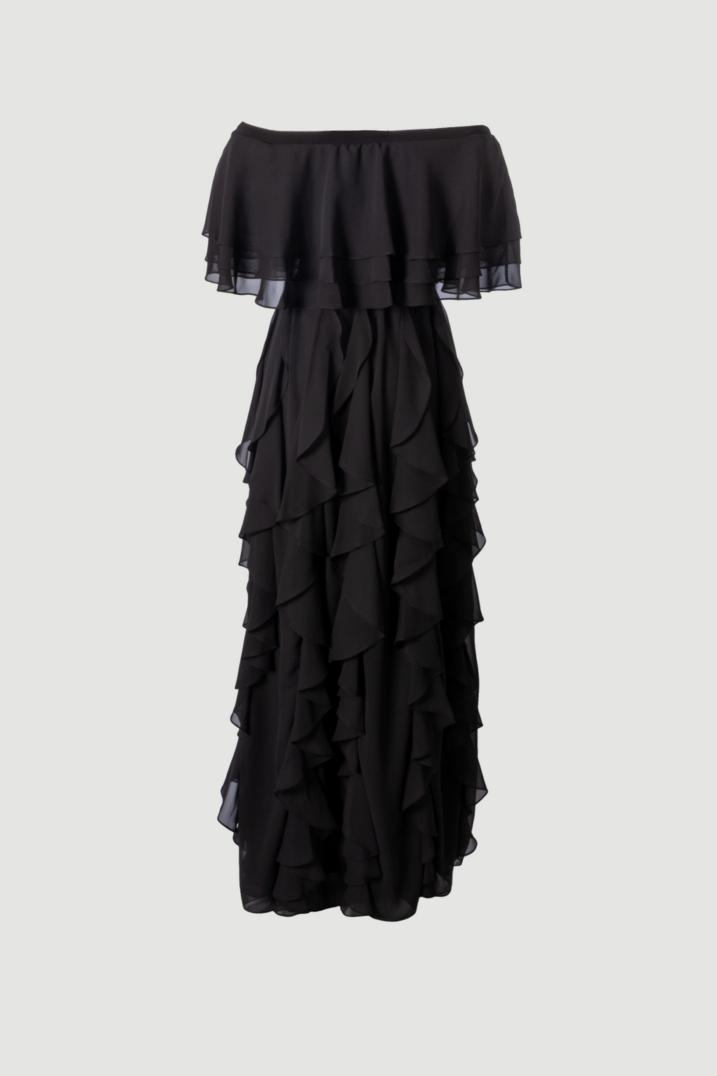 Front view of black Seraphine off-shoulder layered ruffled chiffon maxi evening dress, Limsa Club