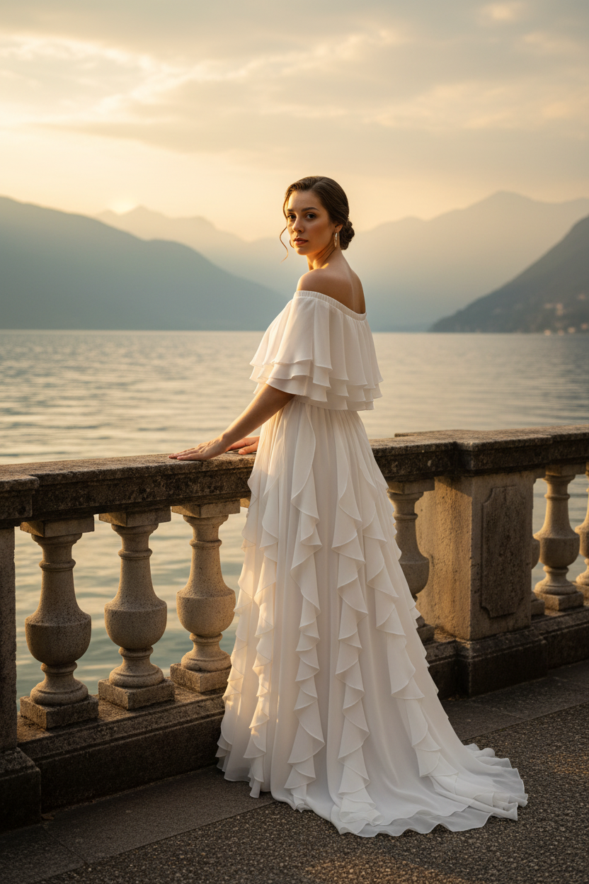 Back view of Seraphine off-shoulder gown highlighting romantic layered design