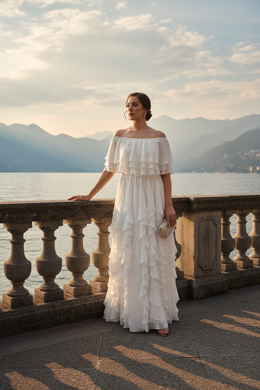 Side angle of Seraphine dress showing layered chiffon ruffles and elegant draping