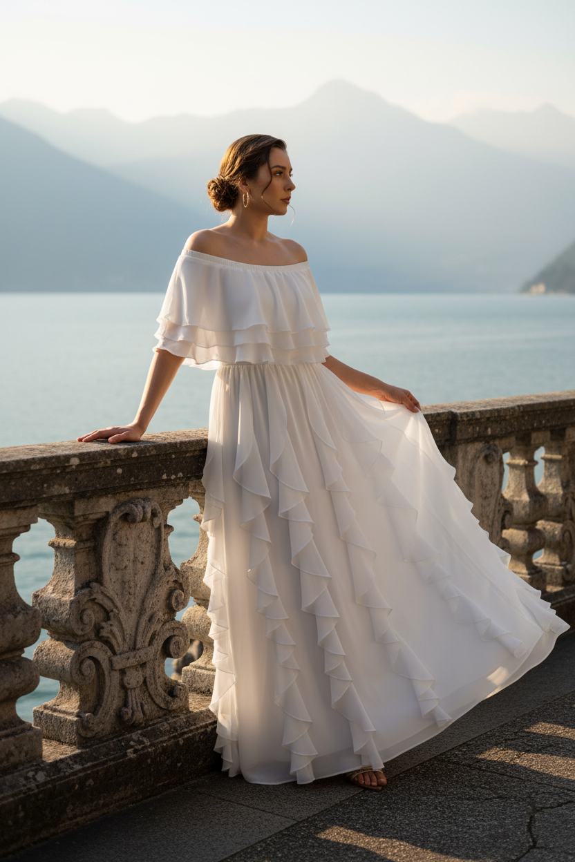 Seraphine Off-Shoulder Layered Ruffled Long Chiffon Evening Dress
