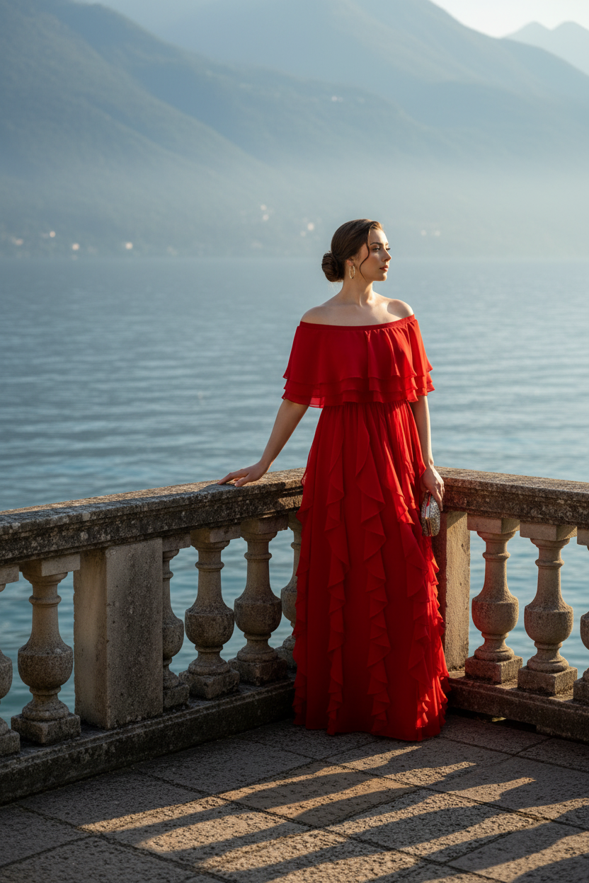 Front view of red Seraphine off-shoulder layered ruffled chiffon maxi evening dress, Limsa Club