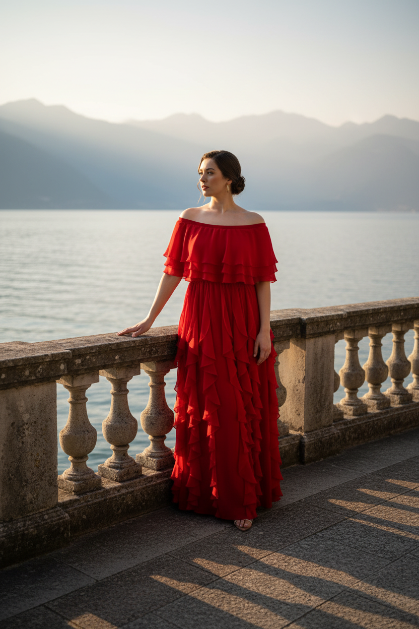 Side view of red Seraphine off-shoulder layered ruffled chiffon maxi evening dress, Limsa Club