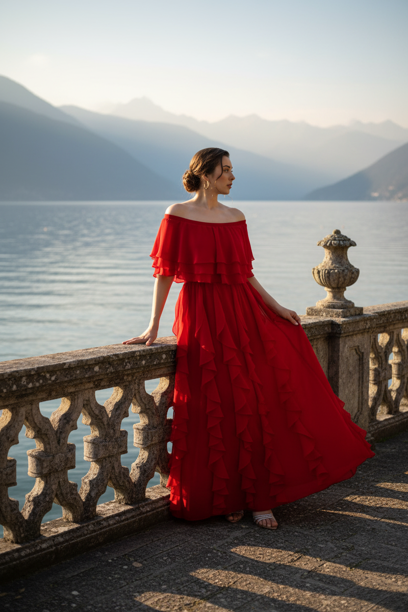 Side view of red Seraphine off-shoulder layered ruffled chiffon maxi evening dress, Limsa Club