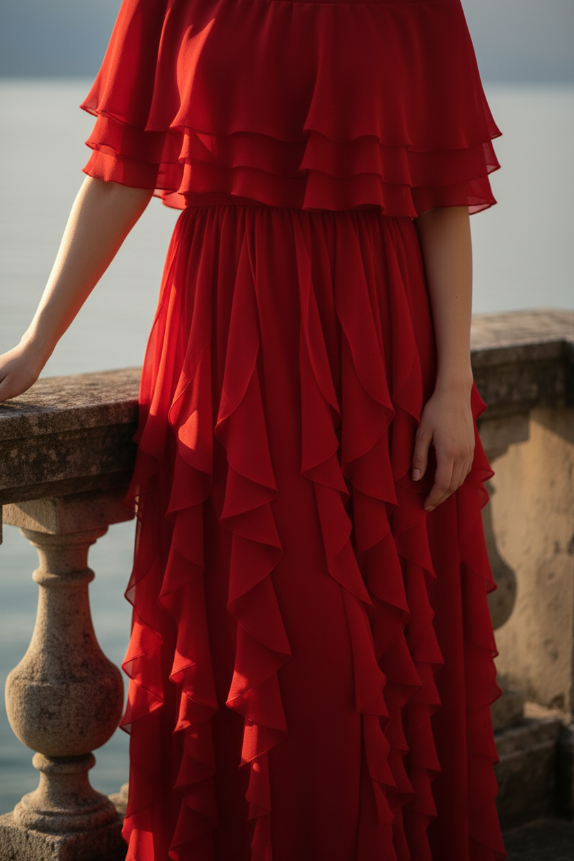 Close-up detail of red Seraphine layered ruffled chiffon maxi evening dress skirt, Limsa Club