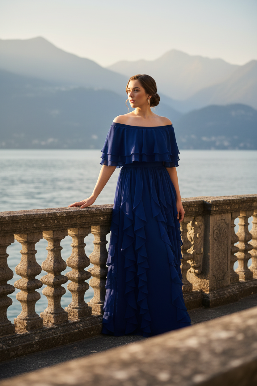 Front view of sax blue Seraphine off-shoulder layered ruffled chiffon maxi evening dress, Limsa Club