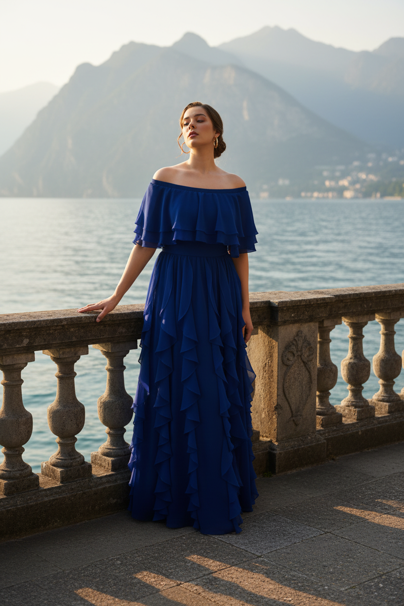 Side view of sax blue Seraphine off-shoulder layered ruffled chiffon maxi evening dress, Limsa Club