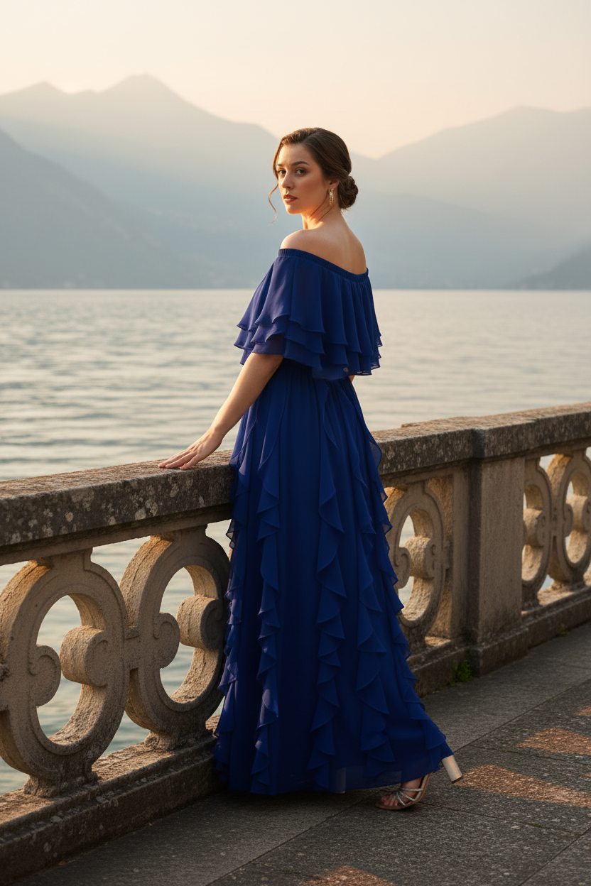 Back view of sax blue Seraphine off-shoulder layered ruffled chiffon maxi evening dress, Limsa Club