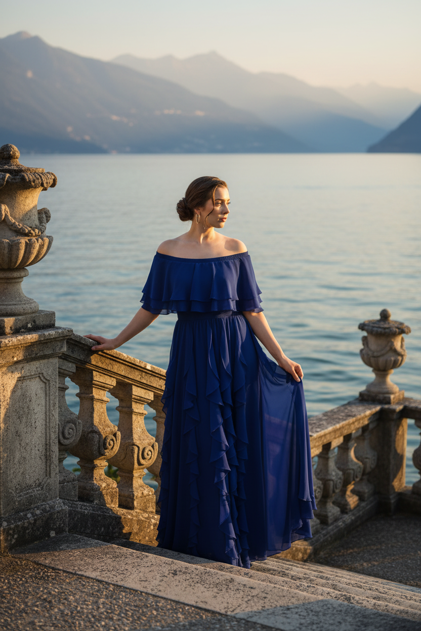 Side view of sax blue Seraphine off-shoulder layered ruffled chiffon maxi evening dress, Limsa Club