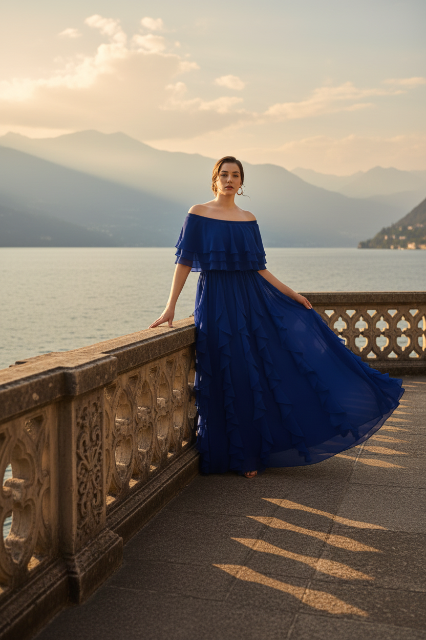 Front view of sax blue Seraphine off-shoulder layered ruffled chiffon maxi evening dress, Limsa Club