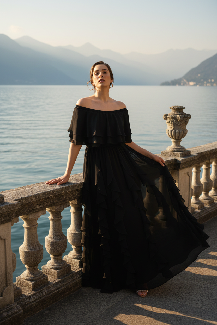 Front view of black Seraphine off-shoulder layered ruffled chiffon maxi evening dress, Limsa Club