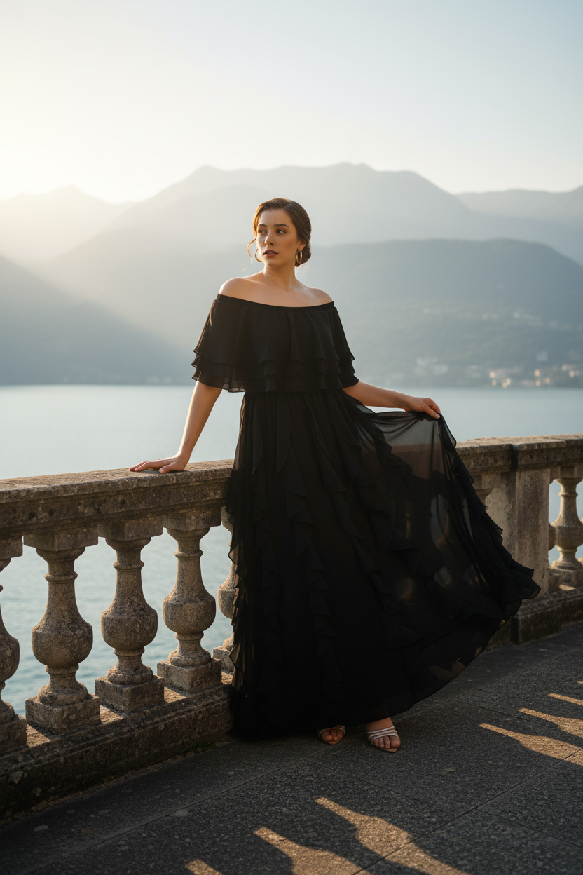 Front three-quarter view of black Seraphine off-shoulder layered ruffled chiffon maxi evening dress, Limsa Club