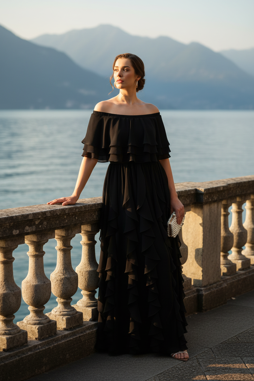 Side view of black Seraphine off-shoulder layered ruffled chiffon maxi evening dress, Limsa Club