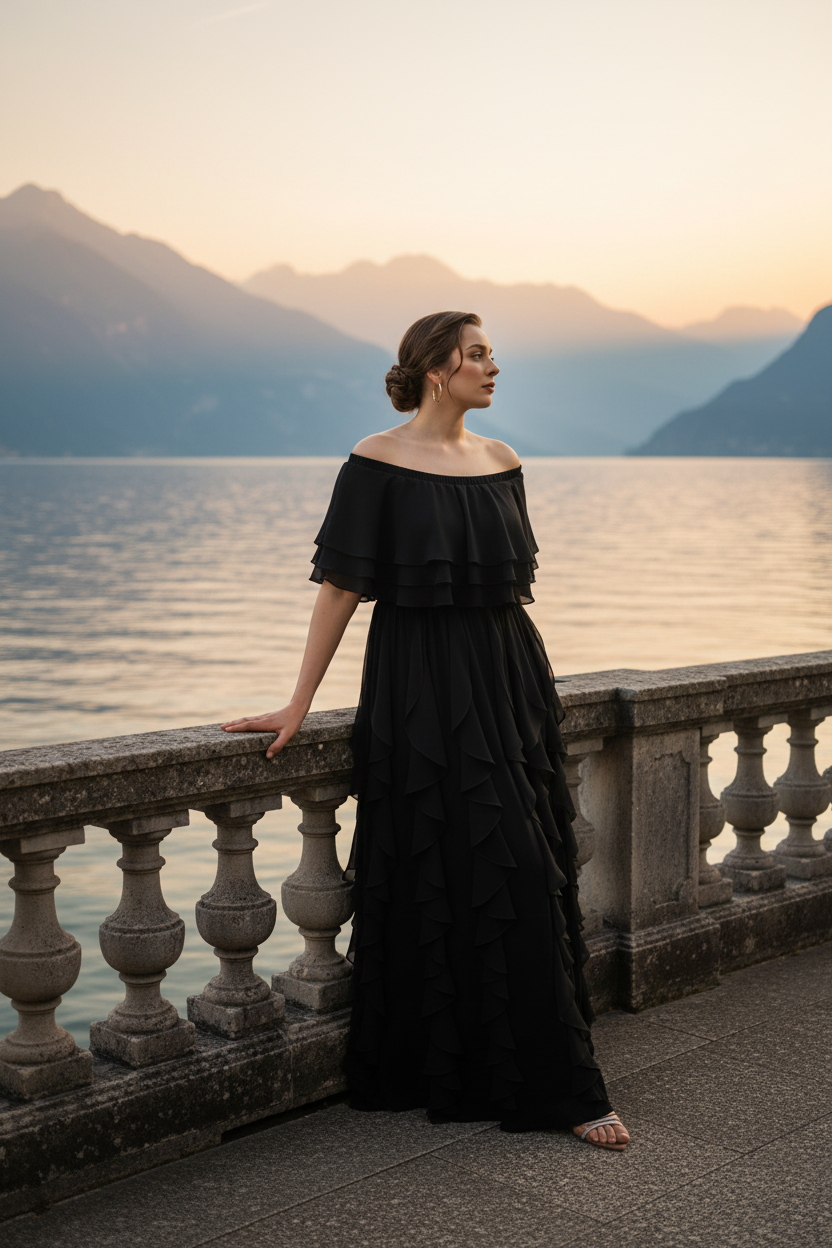 Side view of black Seraphine off-shoulder layered ruffled chiffon maxi evening dress, Limsa Club