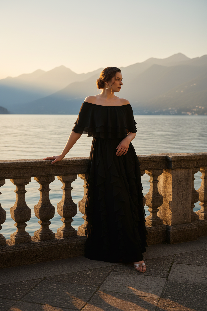 Front angled view of black Seraphine off-shoulder layered ruffled chiffon maxi evening dress, Limsa Club