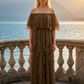 Limsa Club Seraphine Off-Shoulder Evening Gown in Brown — front view