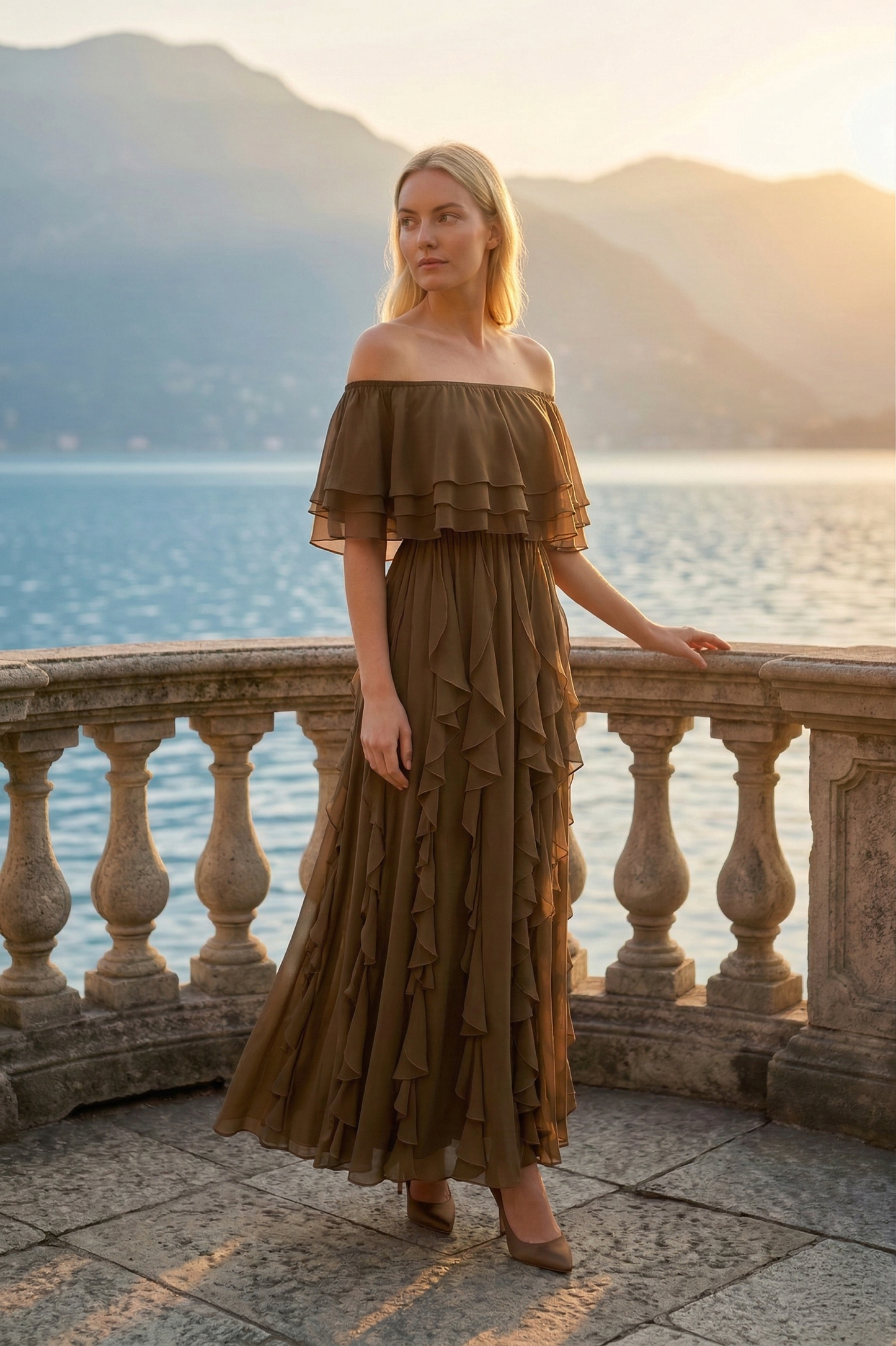 Limsa Club Seraphine Off-Shoulder Evening Gown in Brown — side view