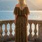 Limsa Club Seraphine Off-Shoulder Evening Gown in Brown — detail view