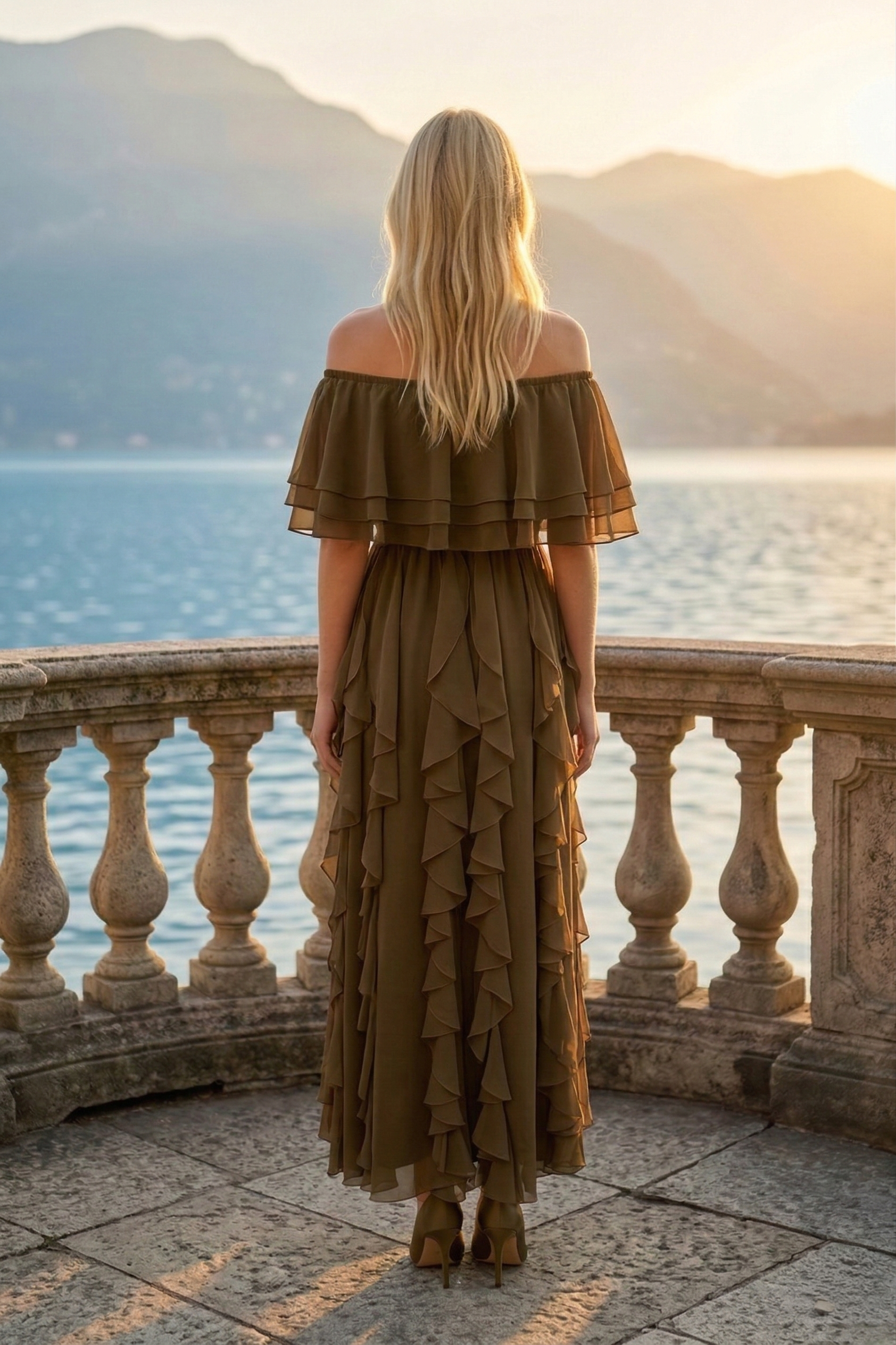 Limsa Club Seraphine Off-Shoulder Evening Gown in Brown — detail view