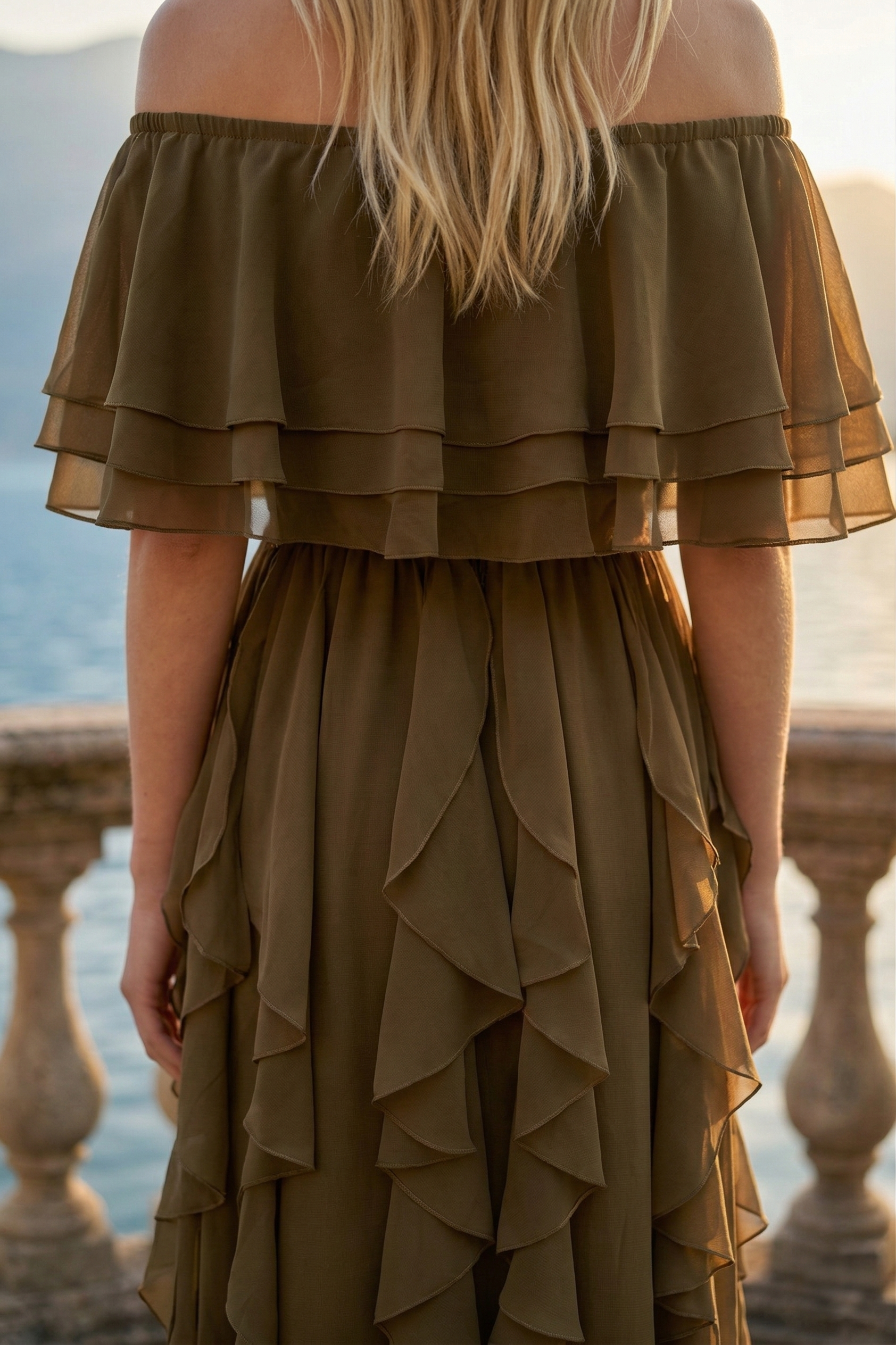 Limsa Club Seraphine Off-Shoulder Evening Gown in Brown — close-up detail