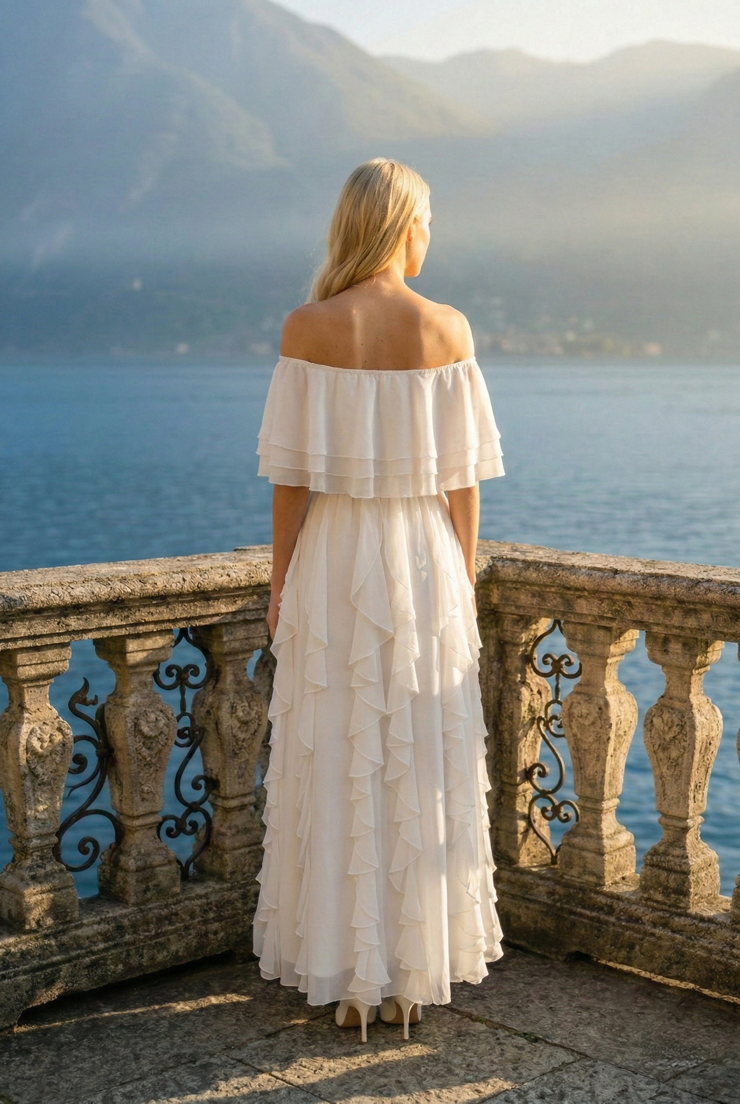 Limsa Club Seraphine Off-Shoulder Evening Gown in Bone — detail view