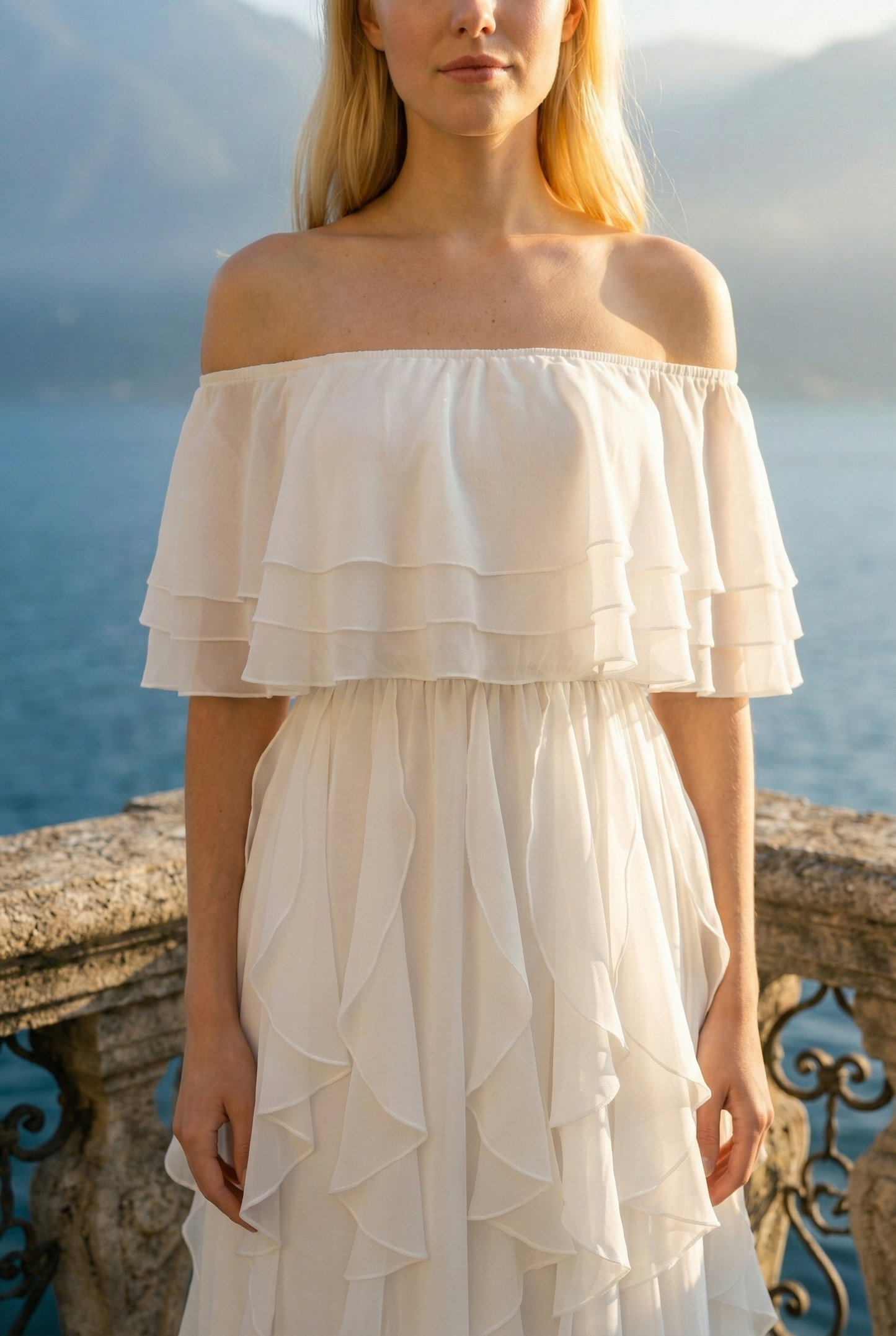 Limsa Club Seraphine Off-Shoulder Evening Gown in Bone — full-length view