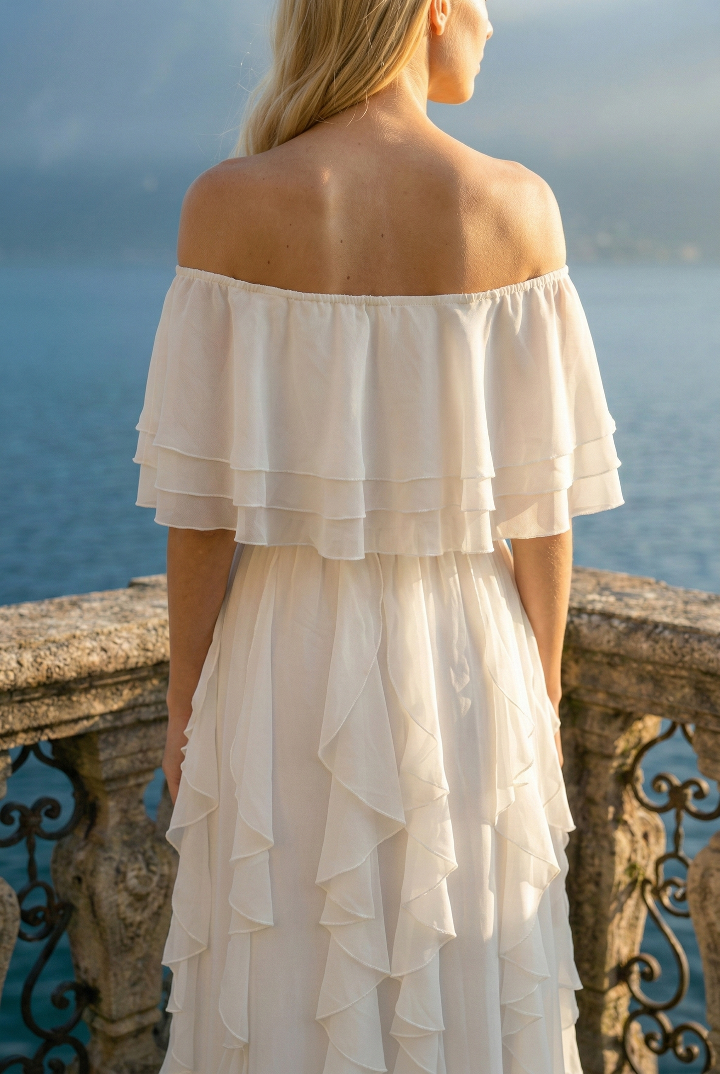 Limsa Club Seraphine Off-Shoulder Evening Gown in Bone — close-up detail