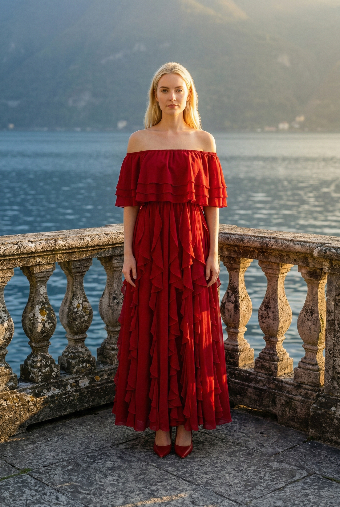 Limsa Club Seraphine Off-Shoulder Evening Gown in Red — front view