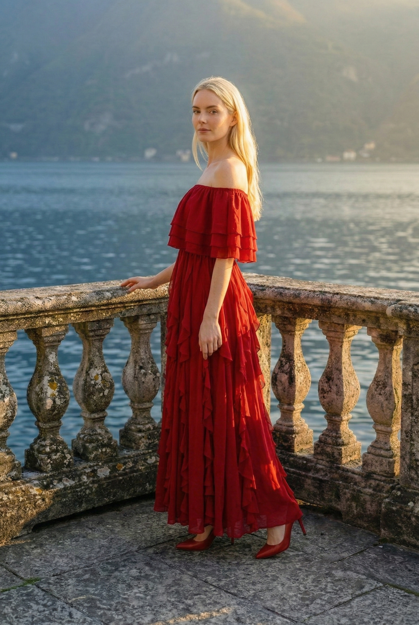 Limsa Club Seraphine Off-Shoulder Evening Gown in Red — side view