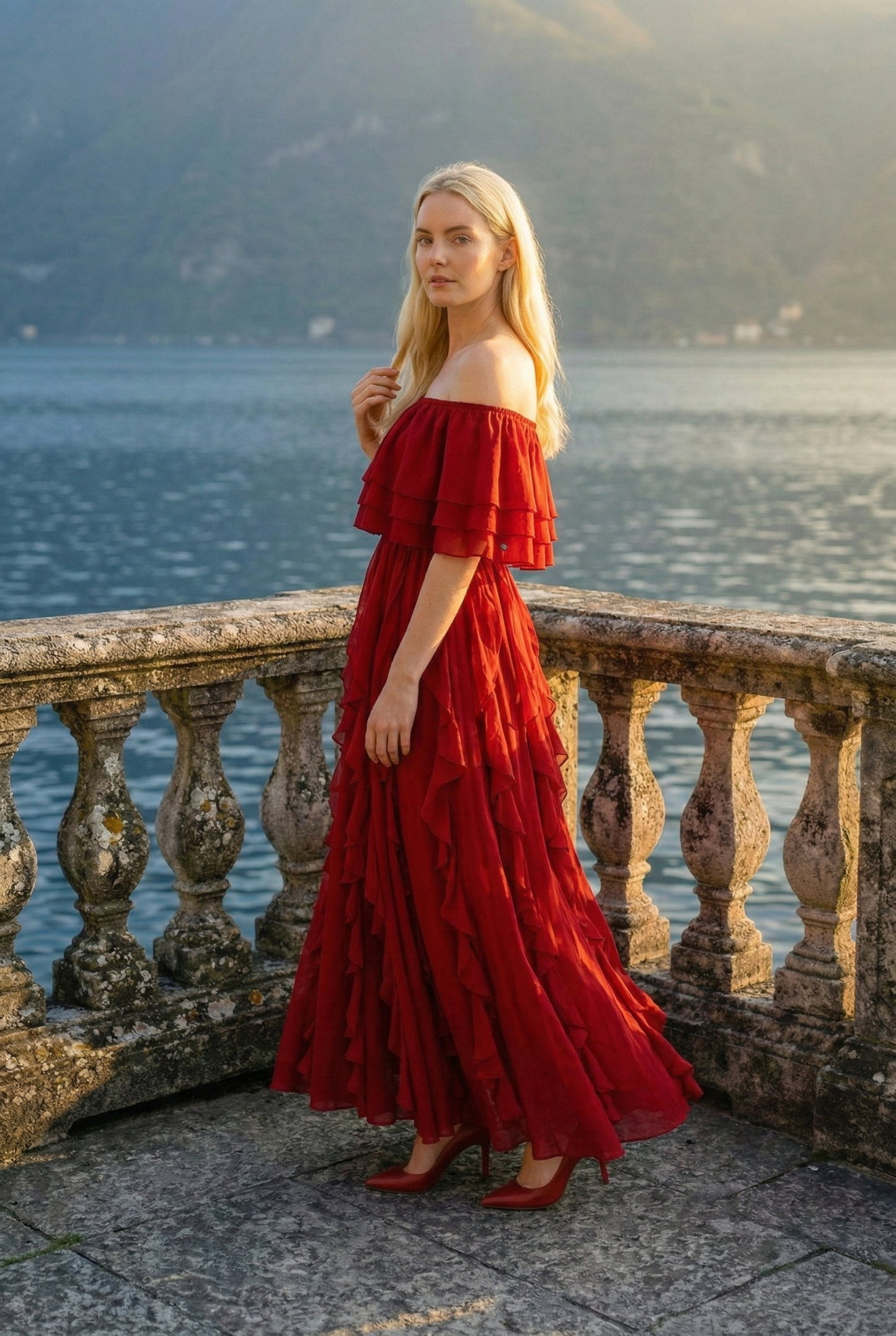 Limsa Club Seraphine Off-Shoulder Evening Gown in Red — back view